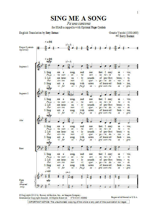 Download Betty Bertaux Sing Me A Song (Fa Una Canzona) Sheet Music and learn how to play SATB PDF digital score in minutes