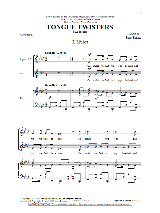 Download Betty Bertaux Tongue Twisters Sheet Music and learn how to play SSA PDF digital score in minutes