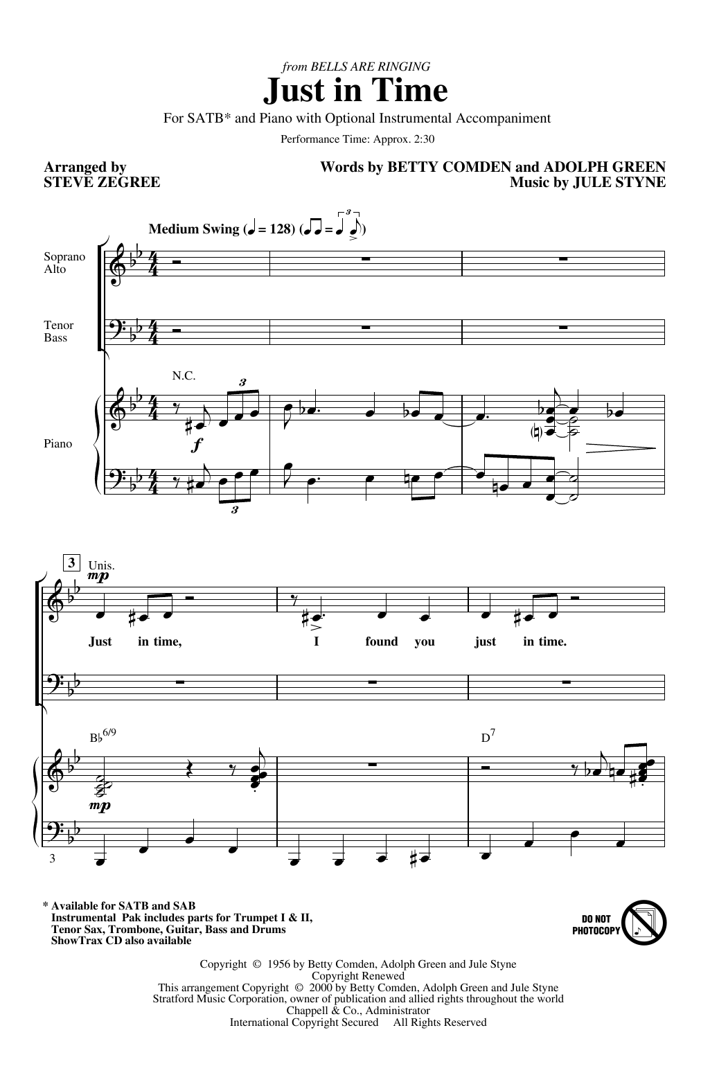 Download Betty Comden, Adolph Green & Jule Styne Just In Time (from Bells Are Ringing) (arr. Steve Zegree) Sheet Music and learn how to play SATB Choir PDF digital score in minutes