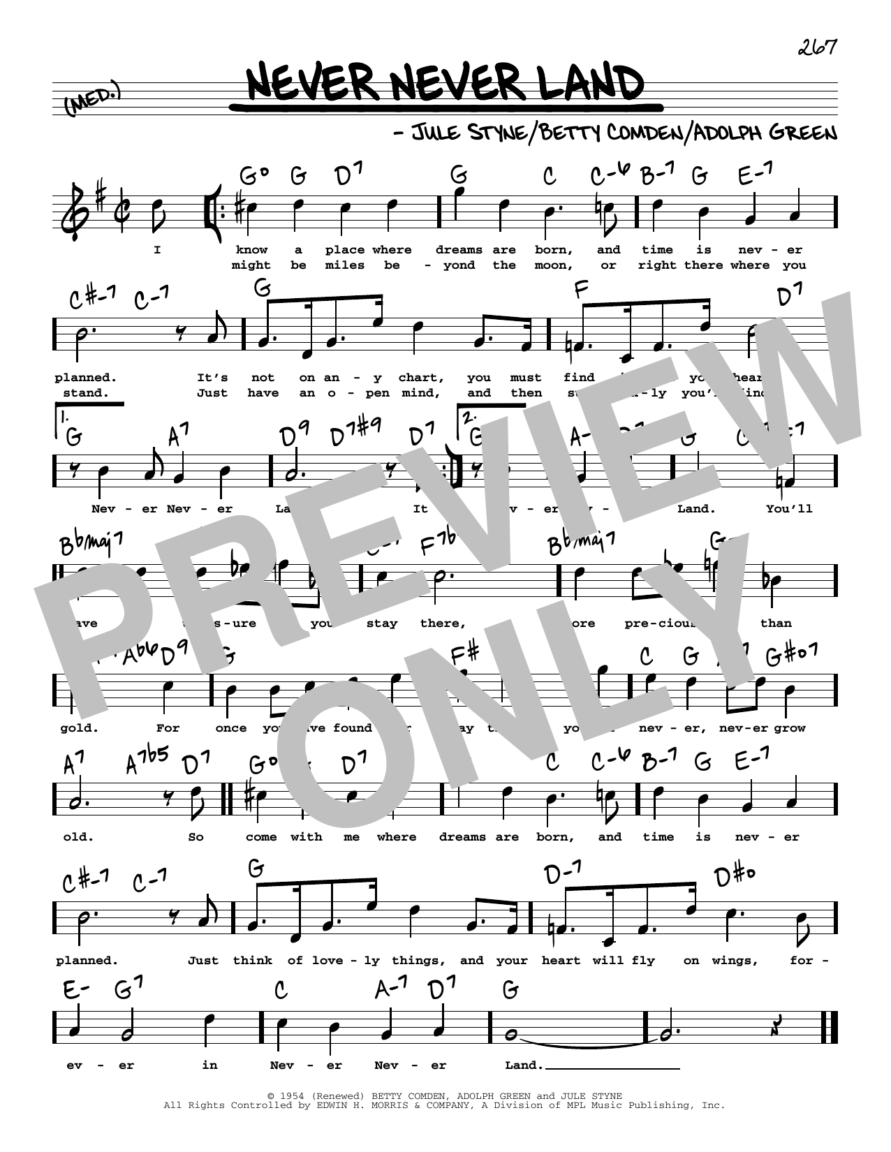 Download Betty Comden Never Never Land (High Voice) (from Peter Pan) Sheet Music and learn how to play Real Book – Melody, Lyrics & Chords PDF digital score in minutes