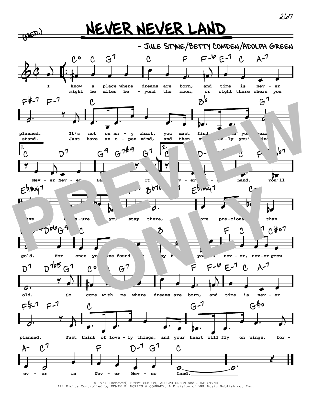 Download Betty Comden Never Never Land (Low Voice) Sheet Music and learn how to play Real Book – Melody, Lyrics & Chords PDF digital score in minutes
