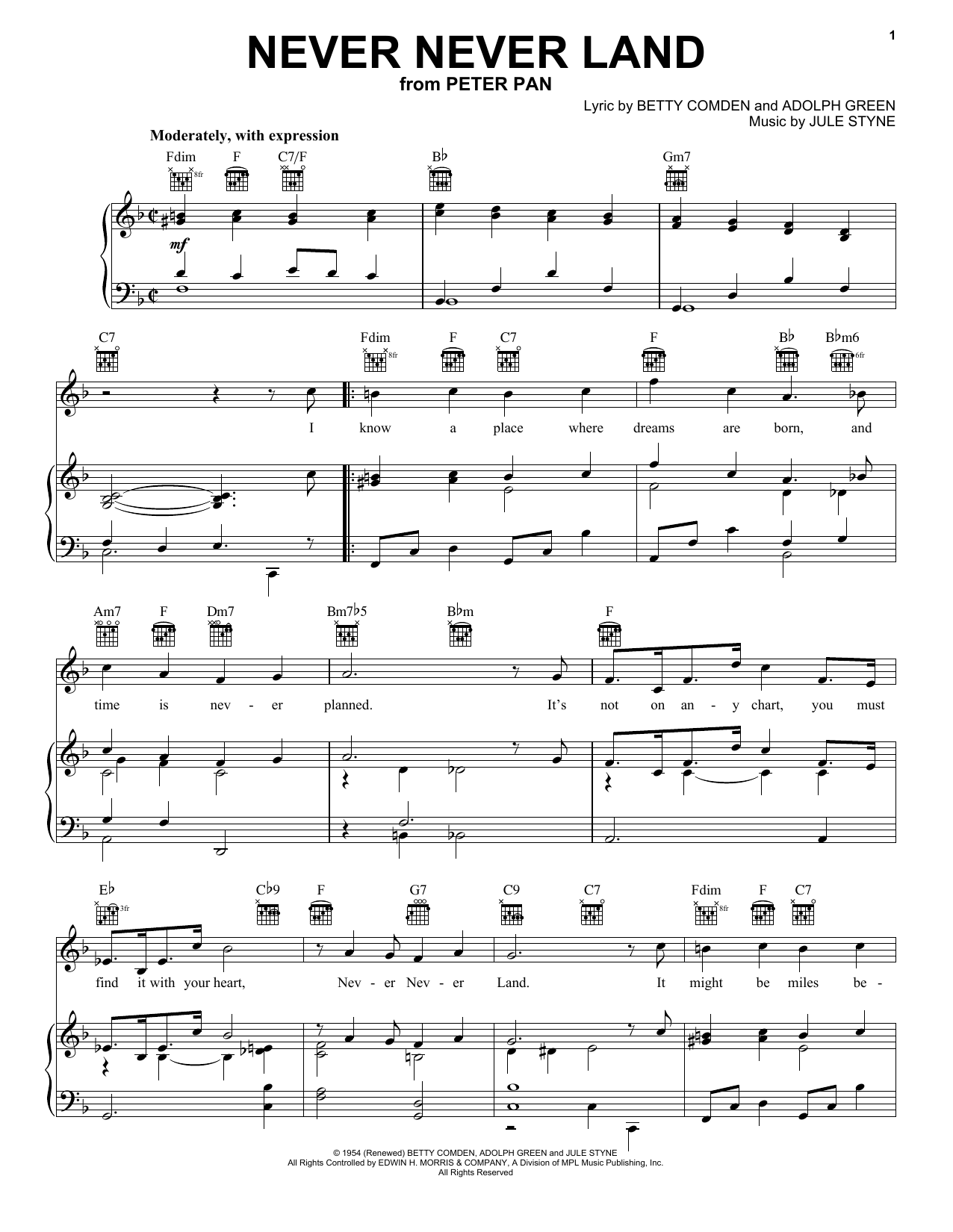 Download Betty Comden Never Never Land Sheet Music and learn how to play Real Book – Melody & Chords PDF digital score in minutes