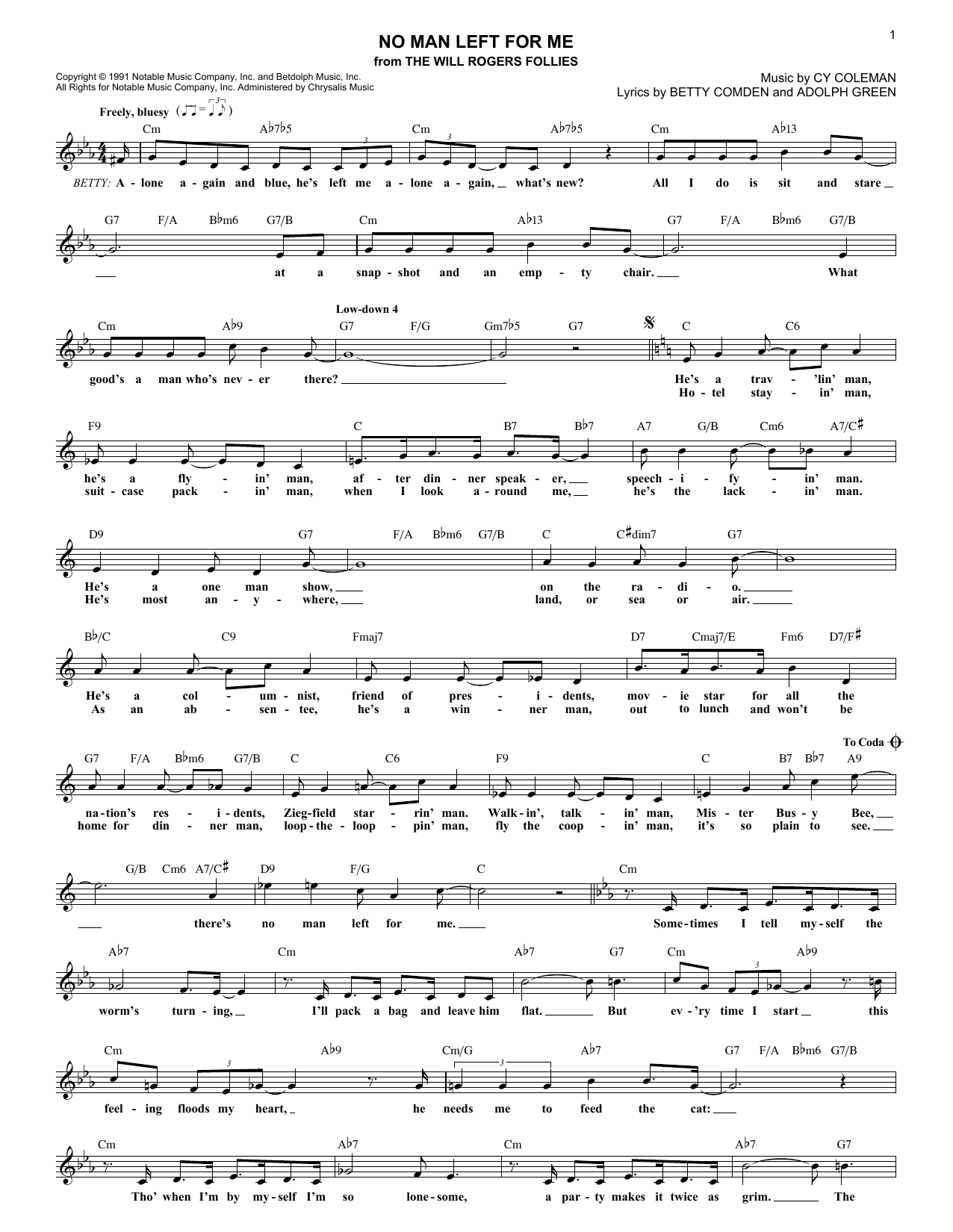 Download Betty Comden No Man Left For Me Sheet Music and learn how to play Melody Line, Lyrics & Chords PDF digital score in minutes