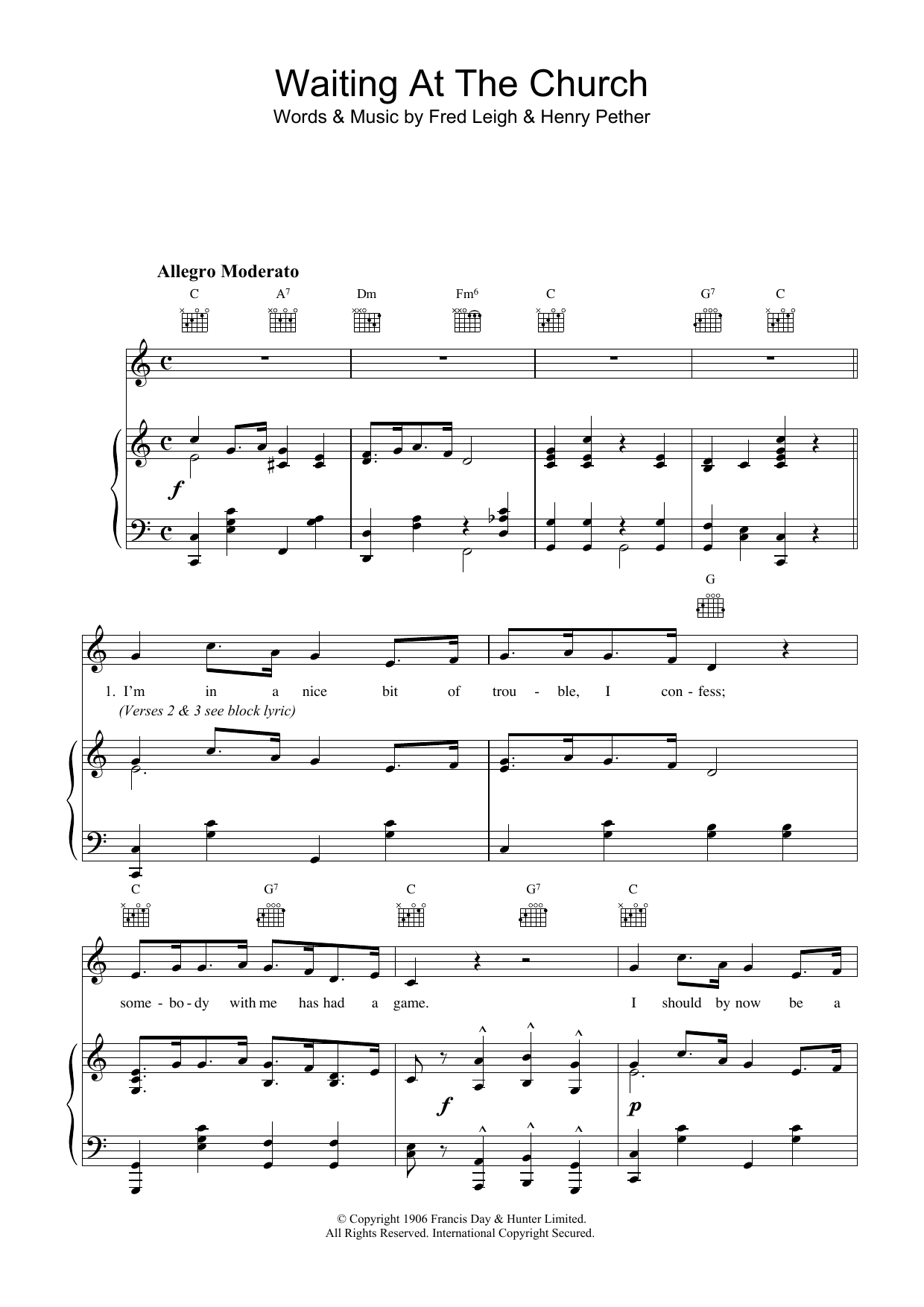 Download Fred Leigh & Henry Pether Waiting At The Church Sheet Music and learn how to play Piano, Vocal & Guitar (Right-Hand Melody) PDF digital score in minutes