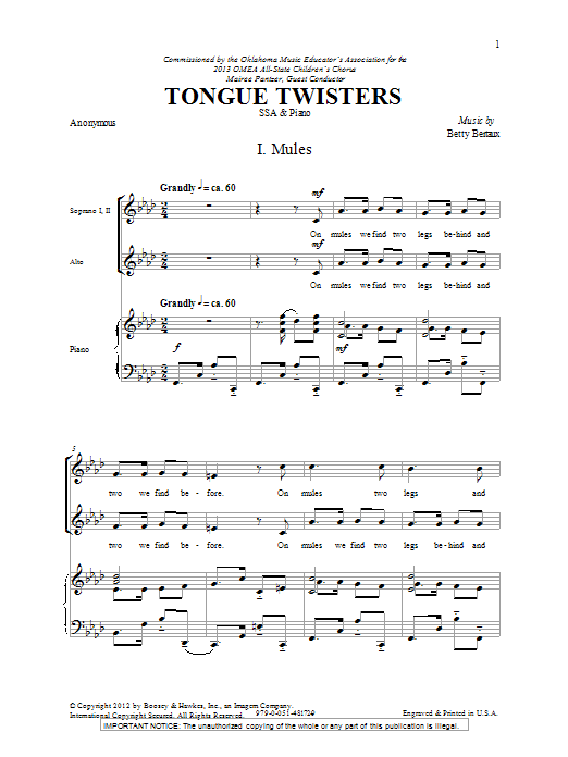 Betty Bertaux "Tongue Twisters" Sheet Music Notes Download Printable