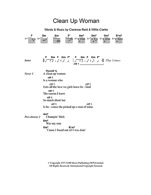 Download Betty Wright Clean Up Woman Sheet Music and learn how to play Lyrics & Chords PDF digital score in minutes