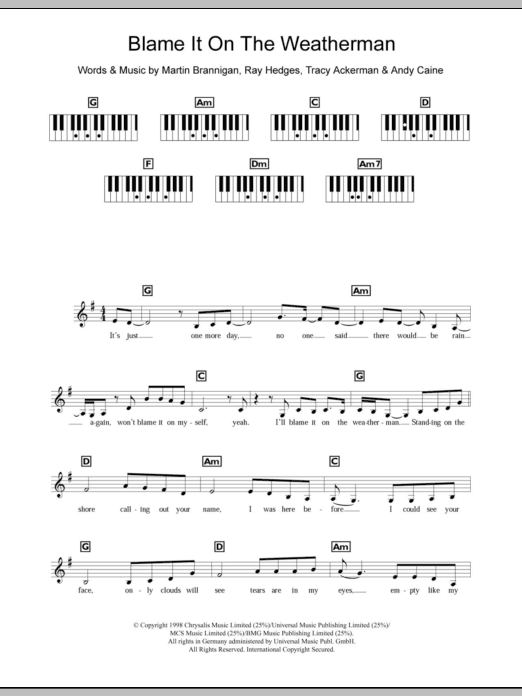 Download B*Witched Blame It On The Weatherman Sheet Music and learn how to play Keyboard PDF digital score in minutes