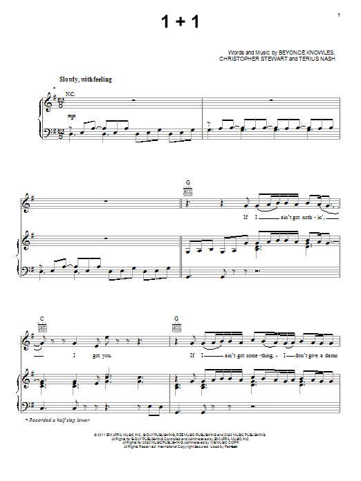 Download Beyoncé 1+1 Sheet Music and learn how to play Piano, Vocal & Guitar (Right-Hand Melody) PDF digital score in minutes