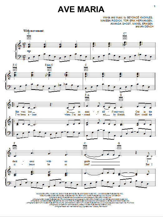 Download Beyoncé Ave Maria Sheet Music and learn how to play Piano, Vocal & Guitar (Right-Hand Melody) PDF digital score in minutes