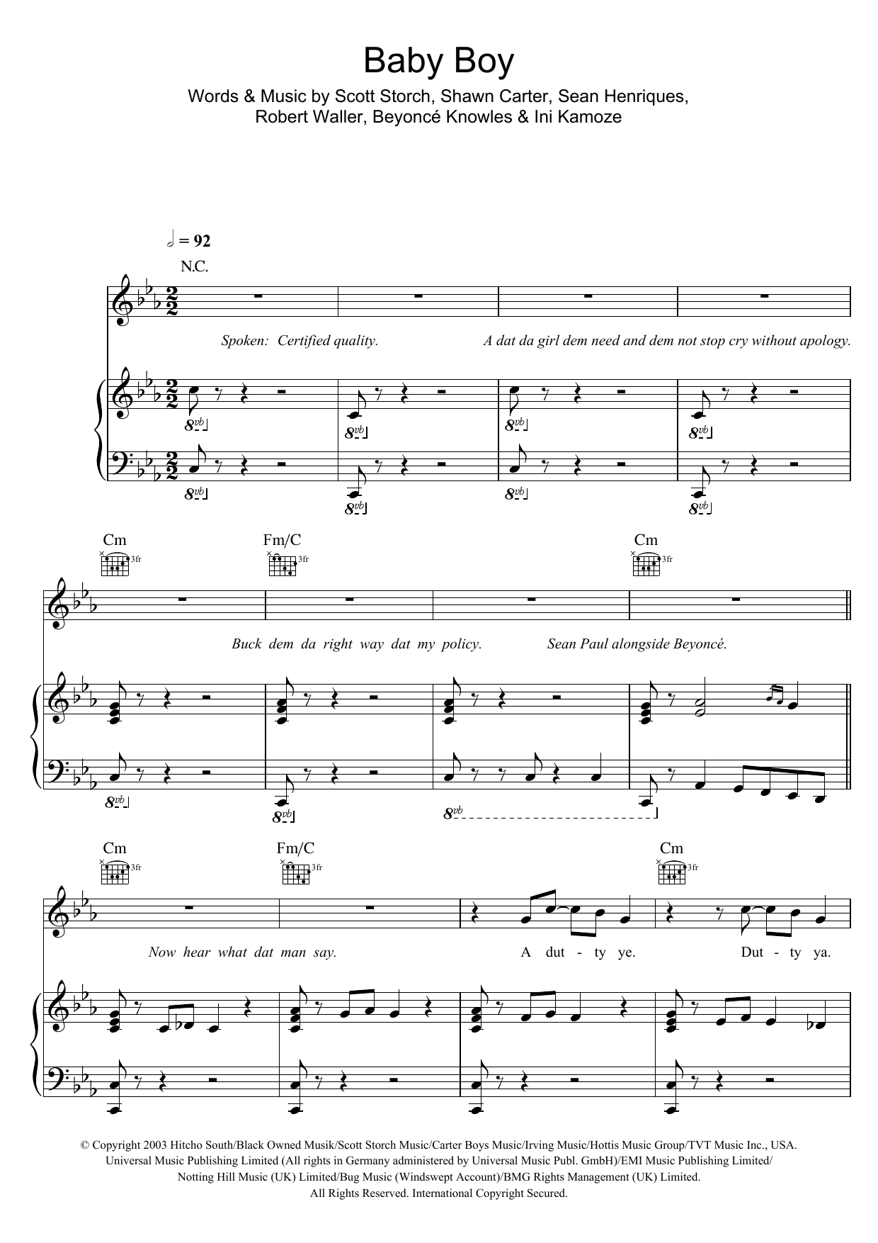 Download Beyoncé Baby Boy (feat. Sean Paul) Sheet Music and learn how to play Piano, Vocal & Guitar (Right-Hand Melody) PDF digital score in minutes