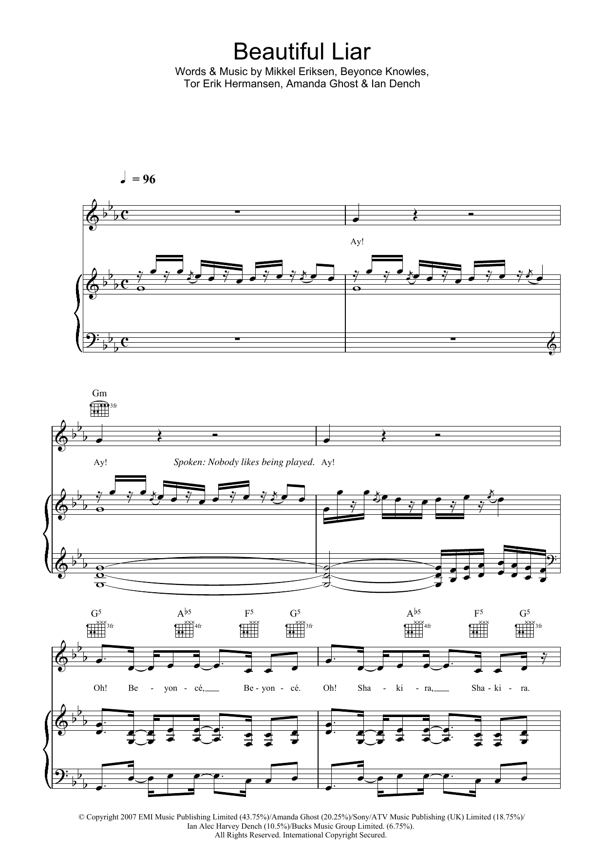 Download Beyoncé & Shakira Beautiful Liar Sheet Music and learn how to play Beginner Piano PDF digital score in minutes