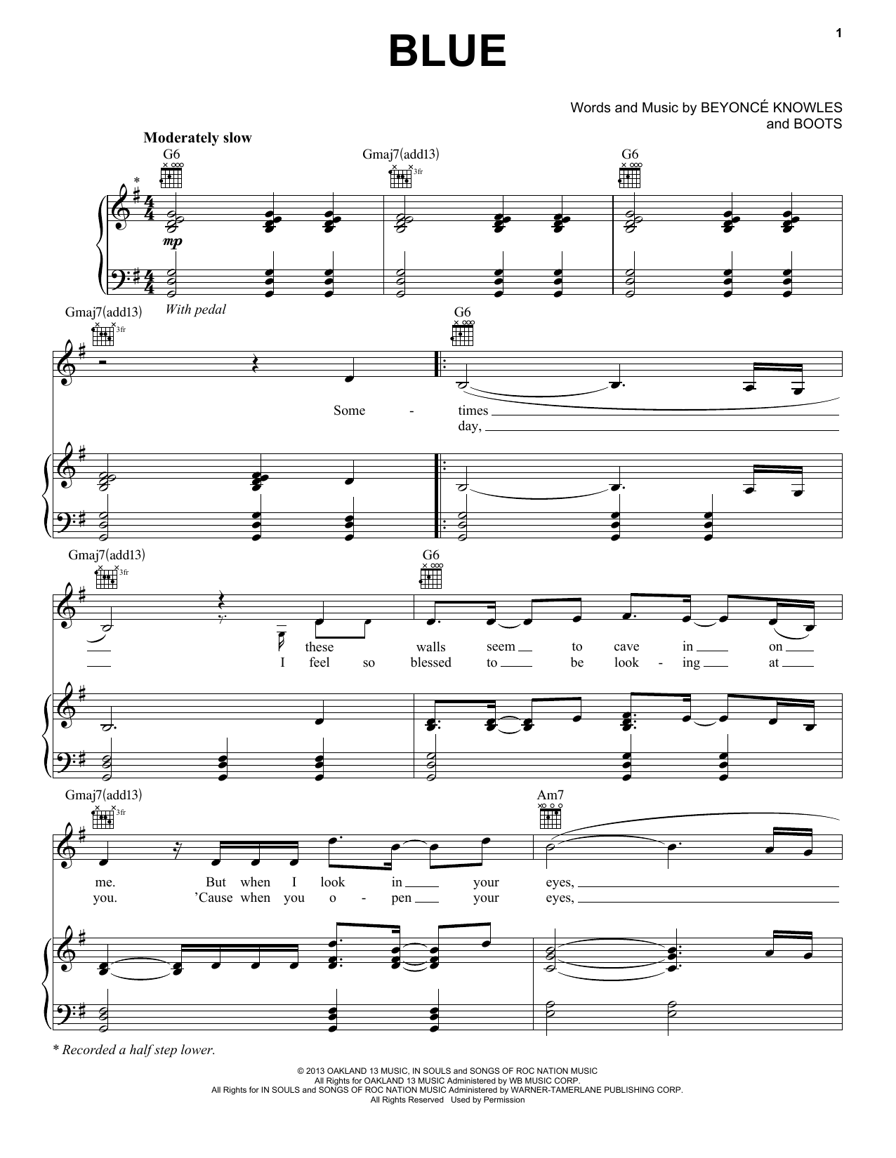 Download Beyoncé Blue Sheet Music and learn how to play Piano, Vocal & Guitar (Right-Hand Melody) PDF digital score in minutes