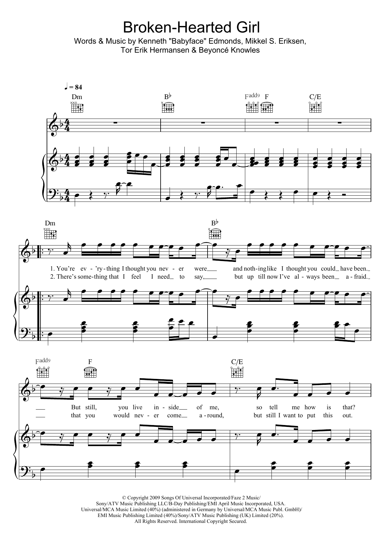 Download Beyoncé Broken-Hearted Girl Sheet Music and learn how to play Piano, Vocal & Guitar (Right-Hand Melody) PDF digital score in minutes