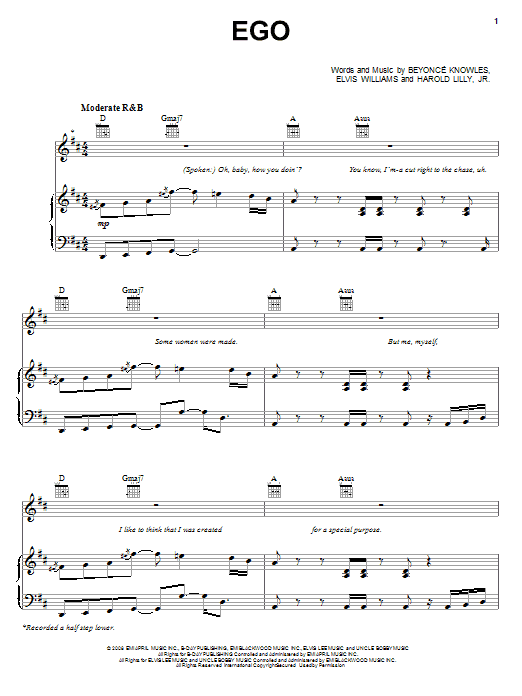 Download Beyoncé Ego Sheet Music and learn how to play Piano, Vocal & Guitar (Right-Hand Melody) PDF digital score in minutes