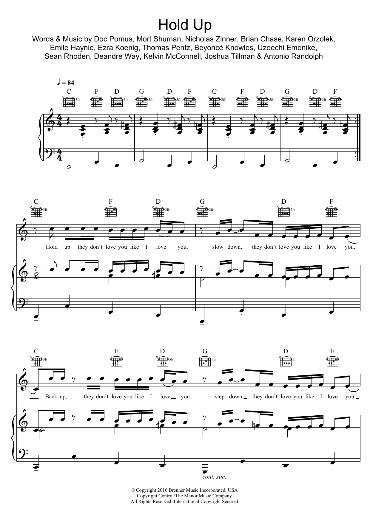 Download Beyoncé Hold Up Sheet Music and learn how to play Piano, Vocal & Guitar (Right-Hand Melody) PDF digital score in minutes