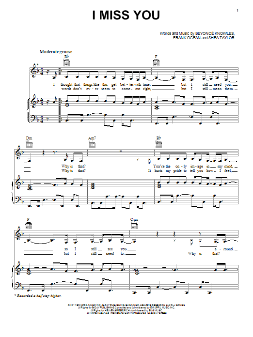 Download Beyoncé I Miss You Sheet Music and learn how to play Piano, Vocal & Guitar (Right-Hand Melody) PDF digital score in minutes