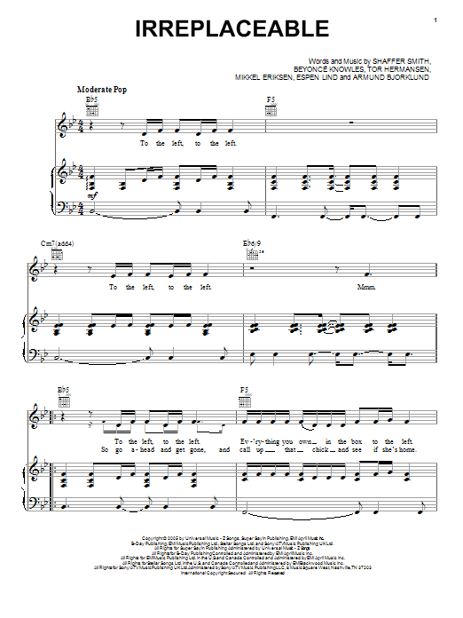 Download Beyoncé Irreplaceable Sheet Music and learn how to play Piano, Vocal & Guitar (Right-Hand Melody) PDF digital score in minutes