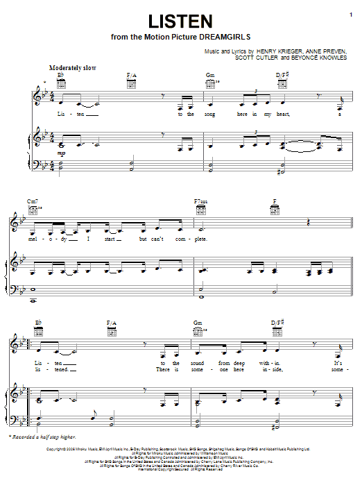 Download Beyoncé Listen Sheet Music and learn how to play Easy Piano PDF digital score in minutes