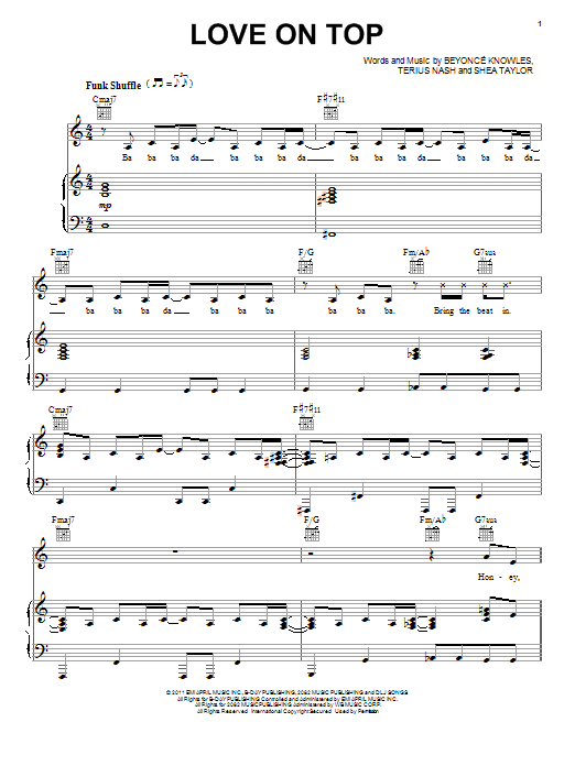 Download Beyoncé Love On Top Sheet Music and learn how to play Piano, Vocal & Guitar (Right-Hand Melody) PDF digital score in minutes