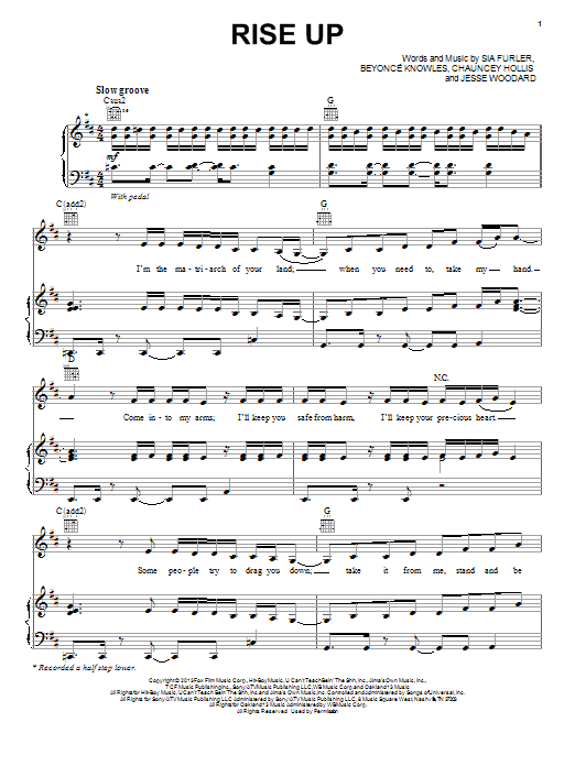 Download Beyoncé Rise Up Sheet Music and learn how to play Piano, Vocal & Guitar (Right-Hand Melody) PDF digital score in minutes