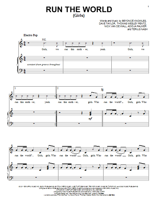 Download Beyoncé Run The World (Girls) Sheet Music and learn how to play Piano, Vocal & Guitar (Right-Hand Melody) PDF digital score in minutes