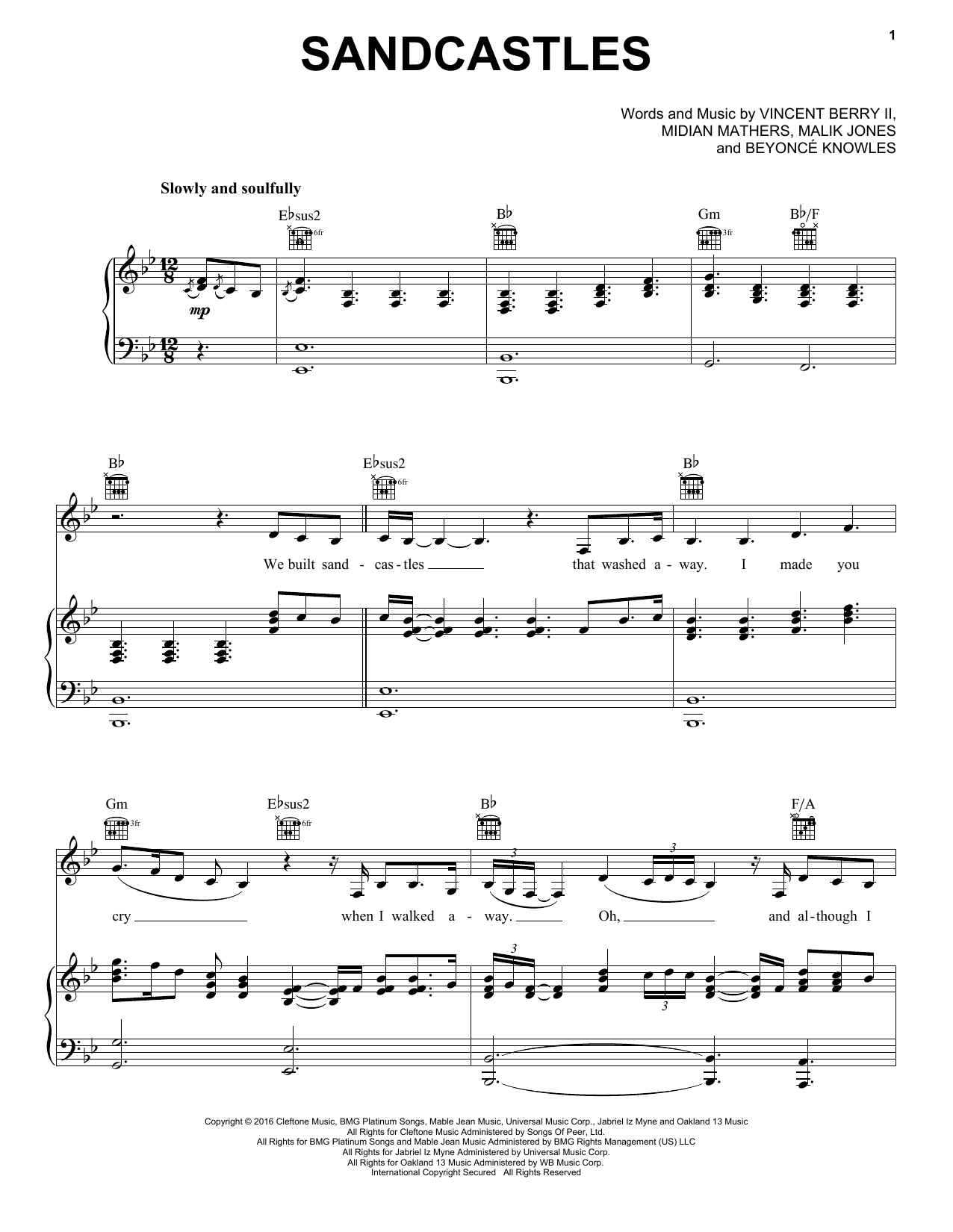 Download Beyonce Sandcastles Sheet Music and learn how to play Piano, Vocal & Guitar (Right-Hand Melody) PDF digital score in minutes