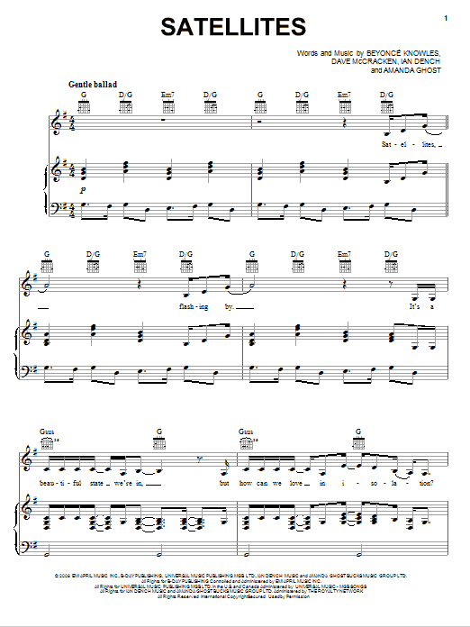 Download Beyoncé Satellites Sheet Music and learn how to play Piano, Vocal & Guitar PDF digital score in minutes