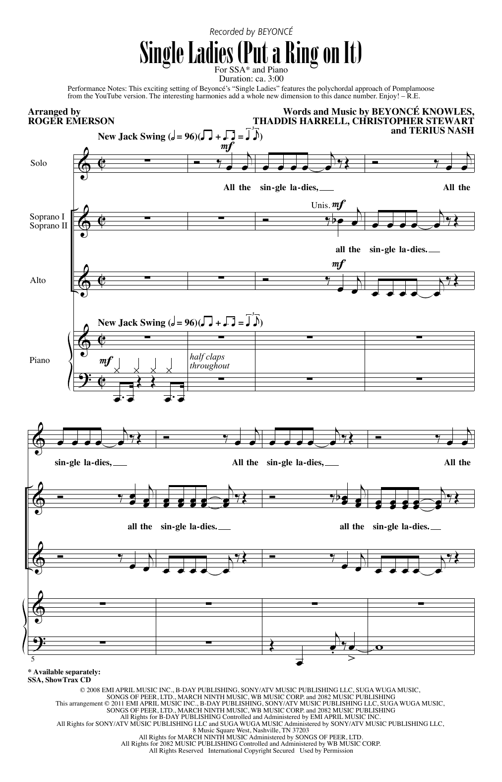 Download Beyoncé Single Ladies (Put A Ring On It) (arr. Roger Emerson) Sheet Music and learn how to play SSA Choir PDF digital score in minutes