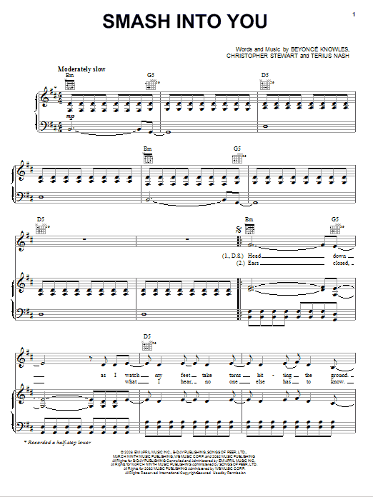 Download Beyoncé Smash Into You Sheet Music and learn how to play Piano, Vocal & Guitar (Right-Hand Melody) PDF digital score in minutes