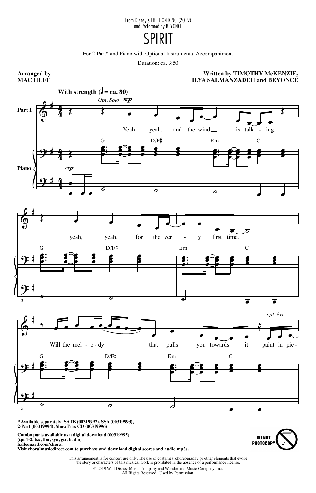 Download Beyonce Spirit (from The Lion King 2019) (arr. Mac Huff) Sheet Music and learn how to play SATB Choir PDF digital score in minutes