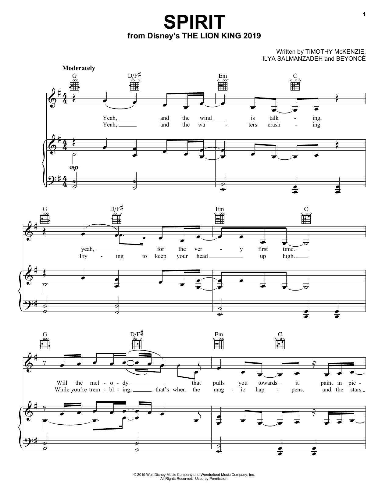 Download Beyonce Spirit (from The Lion King 2019) Sheet Music and learn how to play Big Note Piano PDF digital score in minutes