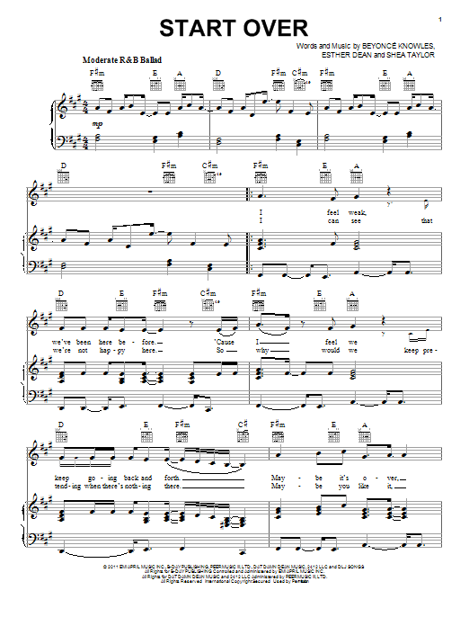 Download Beyoncé Start Over Sheet Music and learn how to play Piano, Vocal & Guitar (Right-Hand Melody) PDF digital score in minutes