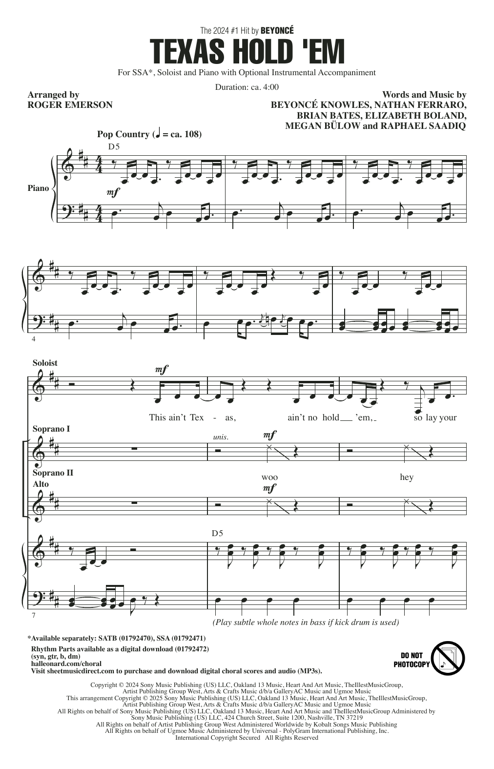 Download Beyoncé Texas Hold 'Em (arr. Roger Emerson) Sheet Music and learn how to play SSA Choir PDF digital score in minutes