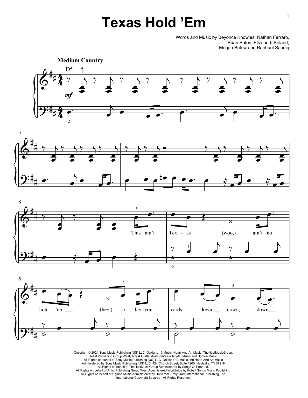 Download Beyoncé Texas Hold 'Em Sheet Music and learn how to play Easy Piano PDF digital score in minutes
