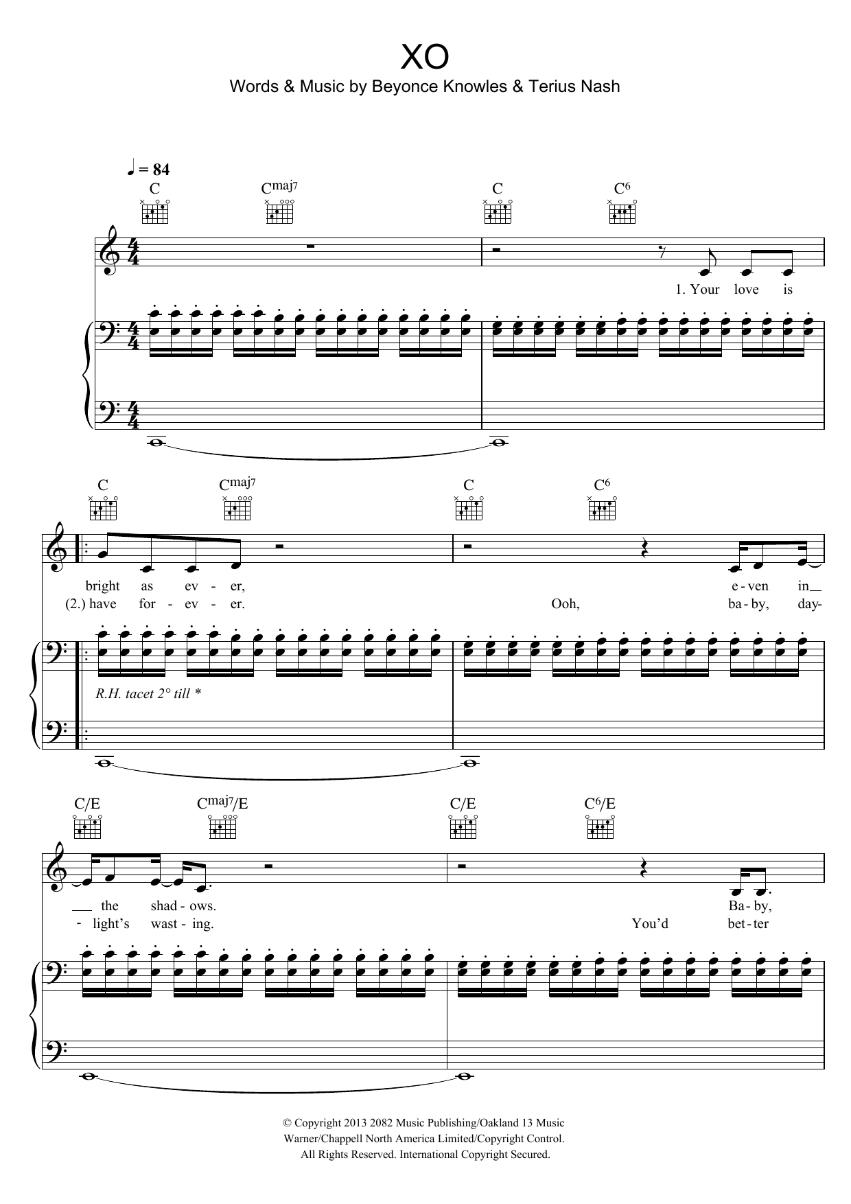 Download Beyoncé XO Sheet Music and learn how to play Piano, Vocal & Guitar PDF digital score in minutes