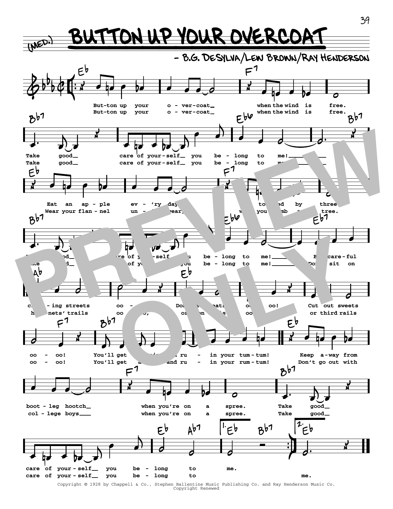 Download B.G. DeSylva Button Up Your Overcoat (Low Voice) Sheet Music and learn how to play Real Book – Melody, Lyrics & Chords PDF digital score in minutes