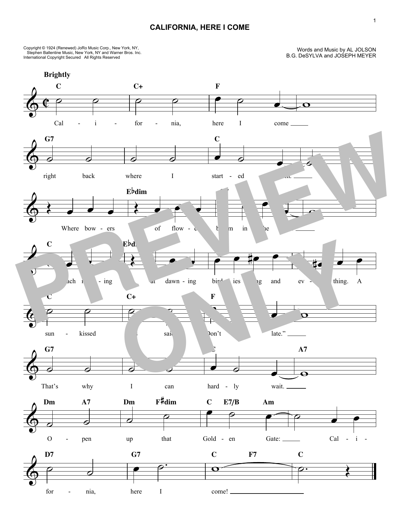 Download B.G. DeSylva California, Here I Come Sheet Music and learn how to play Easy Piano PDF digital score in minutes