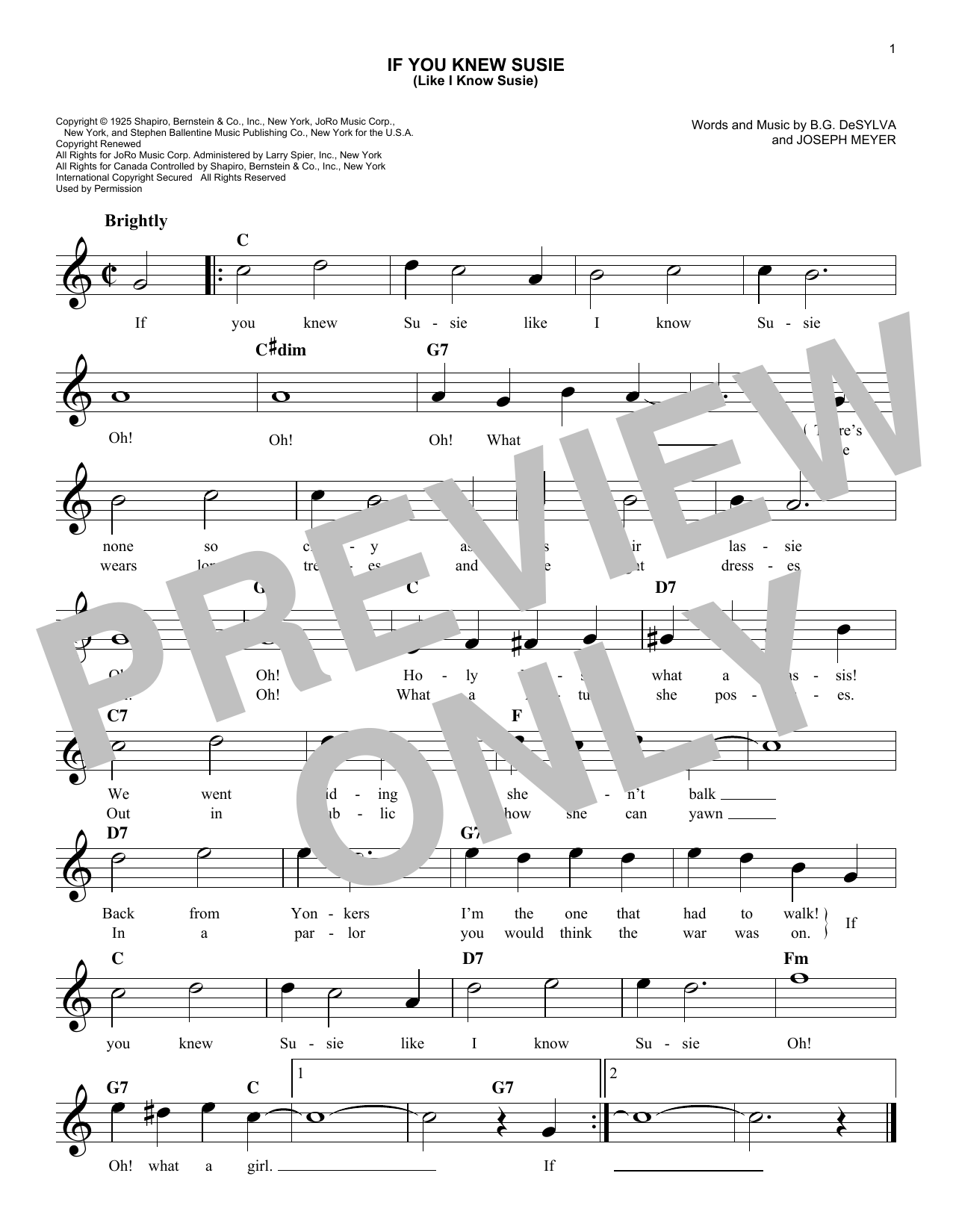 Download B.G. DeSylva If You Knew Susie (Like I Know Susie) Sheet Music and learn how to play Melody Line, Lyrics & Chords PDF digital score in minutes