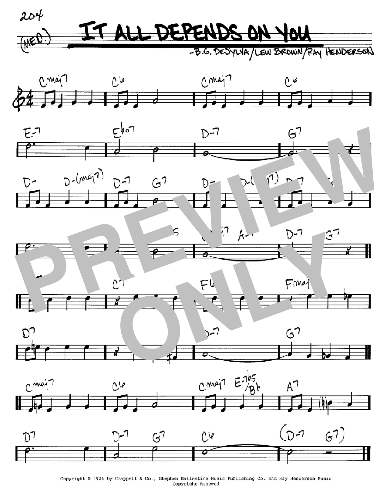 Download B.G. DeSylva It All Depends On You Sheet Music and learn how to play Real Book – Melody & Chords – C Instruments PDF digital score in minutes