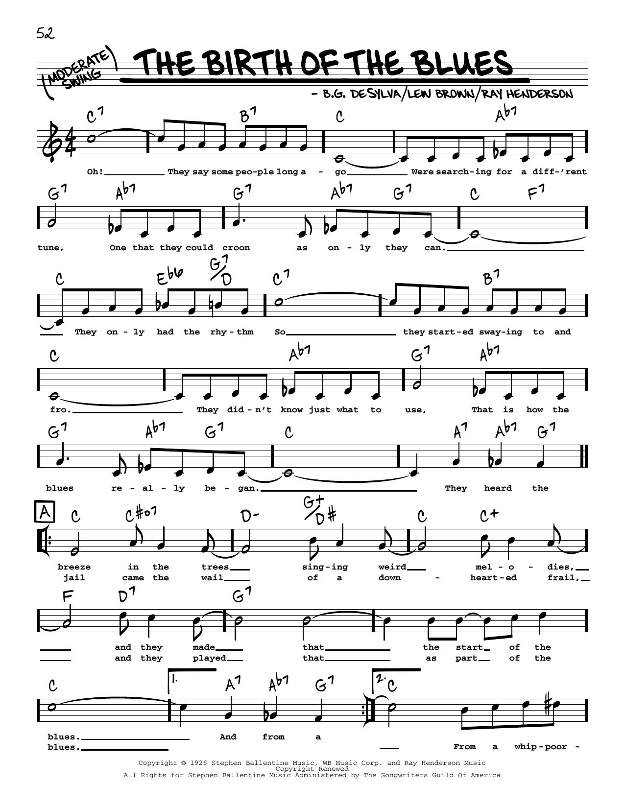 Download B.G. DeSylva The Birth Of The Blues (arr. Robert Rawlins) Sheet Music and learn how to play Real Book – Melody, Lyrics & Chords PDF digital score in minutes