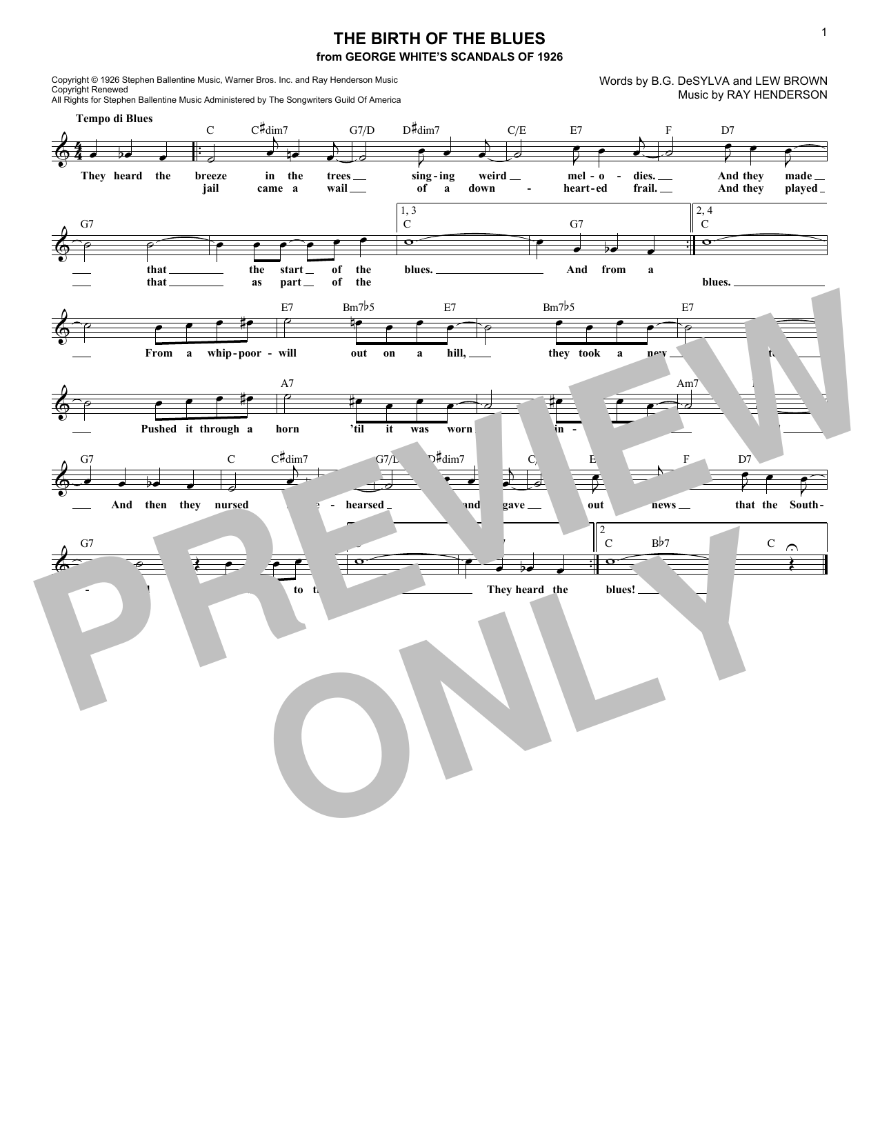 Download Lew Brown The Birth Of The Blues Sheet Music and learn how to play Melody Line, Lyrics & Chords PDF digital score in minutes