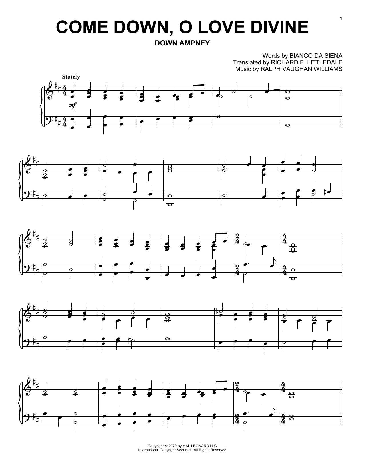 Download Bianco da Siena and Ralph Vaughan Williams Come Down, O Love Divine Sheet Music and learn how to play Piano Solo PDF digital score in minutes