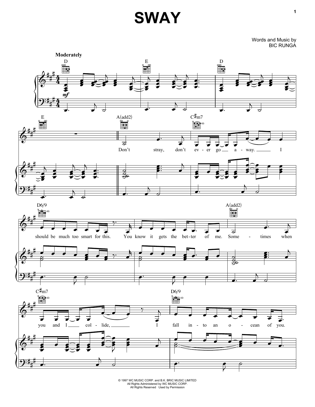 Download Bic Runga Sway Sheet Music and learn how to play Piano, Vocal & Guitar Chords (Right-Hand Melody) PDF digital score in minutes