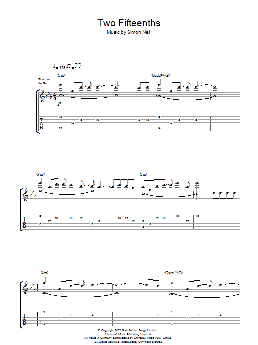 Download Biffy Clyro 2/15ths (Two Fifteenths) Sheet Music and learn how to play Guitar Tab PDF digital score in minutes
