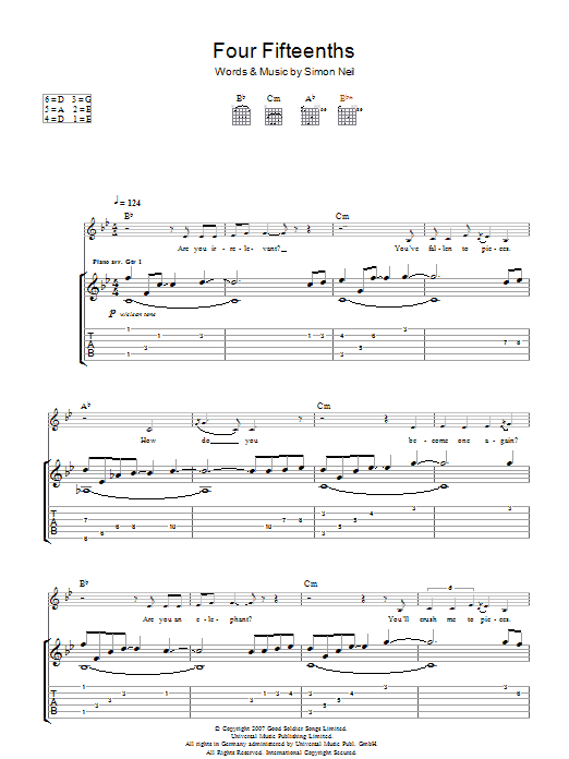 Download Biffy Clyro 4/15ths (Four Fifteenths) Sheet Music and learn how to play Guitar Tab PDF digital score in minutes