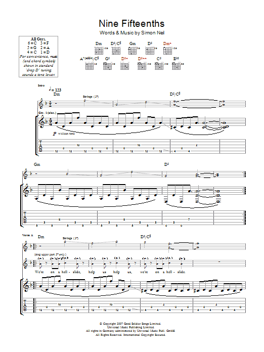 Download Biffy Clyro 9/15ths (Nine Fifteenths) Sheet Music and learn how to play Guitar Tab PDF digital score in minutes