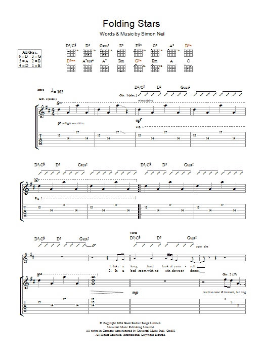 Download Biffy Clyro Folding Stars Sheet Music and learn how to play Piano, Vocal & Guitar PDF digital score in minutes