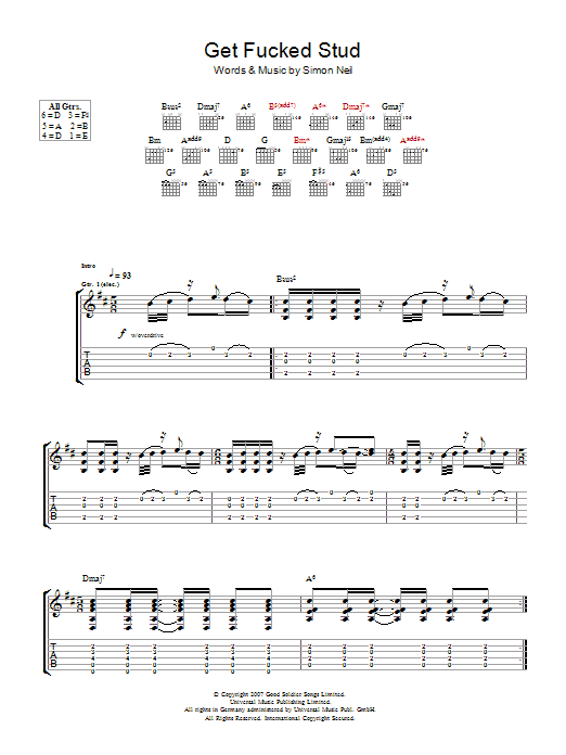Download Biffy Clyro Get Fucked Stud Sheet Music and learn how to play Guitar Tab PDF digital score in minutes
