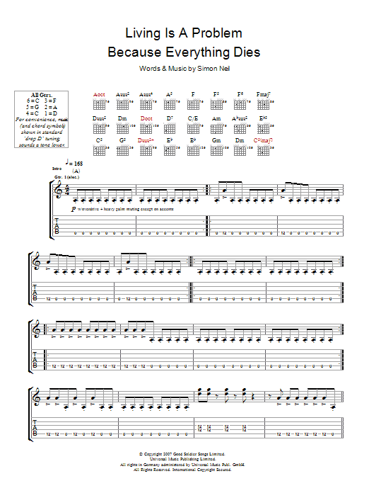 Download Biffy Clyro Living Is A Problem Because Everything Dies Sheet Music and learn how to play Guitar Tab PDF digital score in minutes