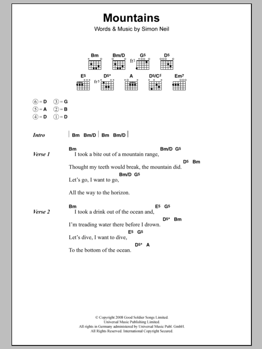 Download Biffy Clyro Mountains Sheet Music and learn how to play Guitar Chords/Lyrics PDF digital score in minutes